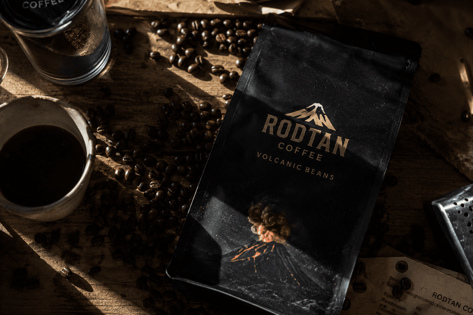 Rodtan Coffee package surrounded by coffee beans